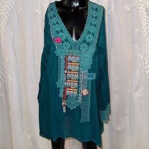 Johnny Was Boho Embroidered Tunic Top | Size L | Rich Teal